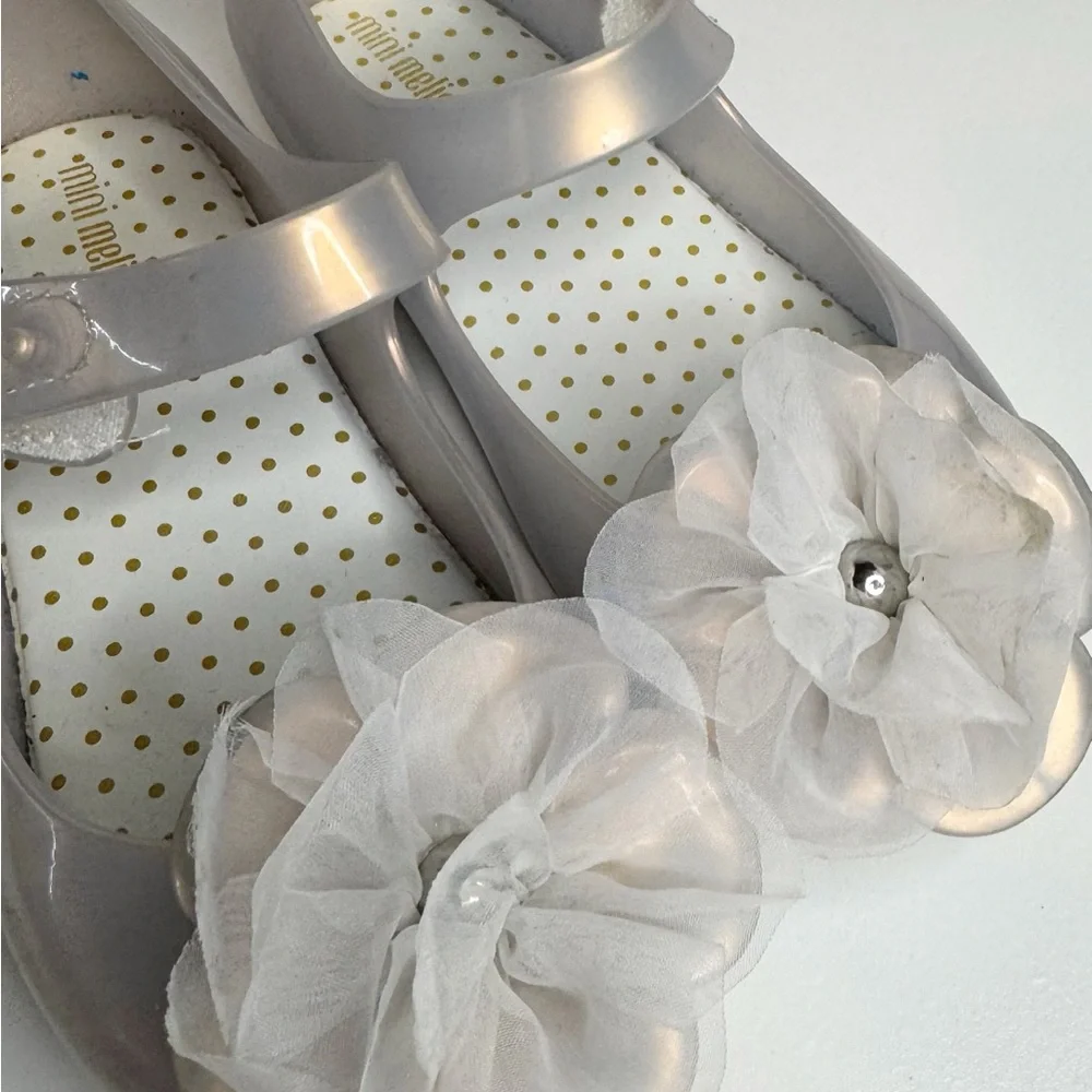 Mini Melissa Silver Mary Jane Jelly Flats Floral Applique Girls Toddler Size 11